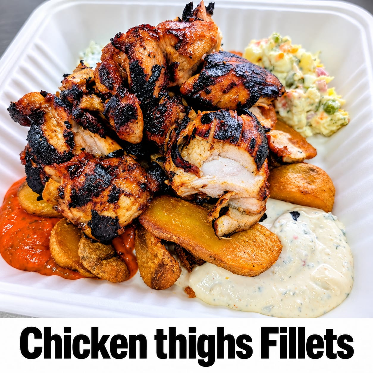 Chicken Thigh Fillets with Wedges and Salads