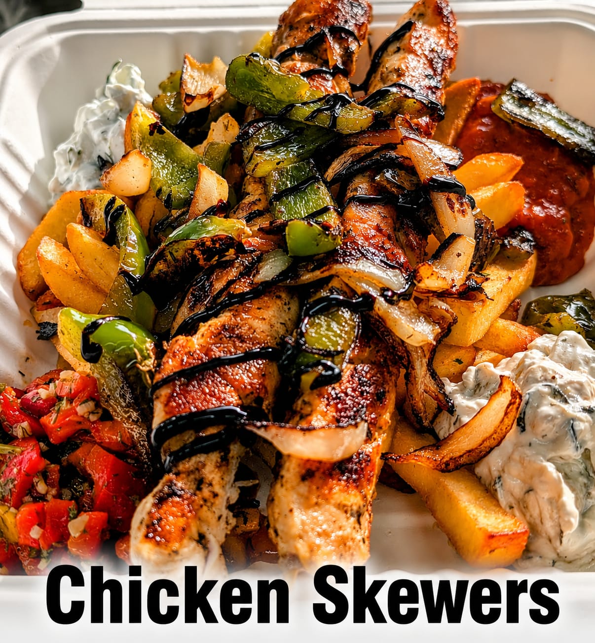 Chicken Skewers with Wedges and Salads